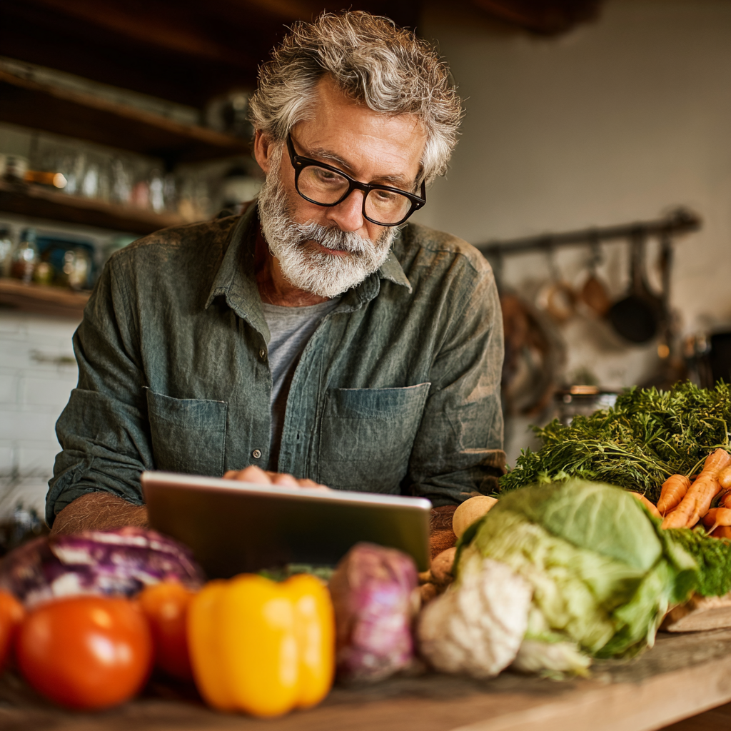 Чоловік 58 років дивиться на планшет з додатком планування харчування, на столі свіжі продукти