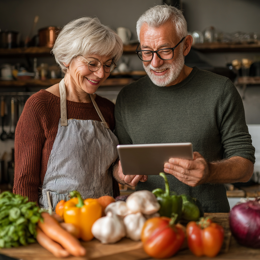 Жінка 52 років та чоловік 59 років разом готують здорову їжу на кухні, посміхаються та тримають планшет з рецептами