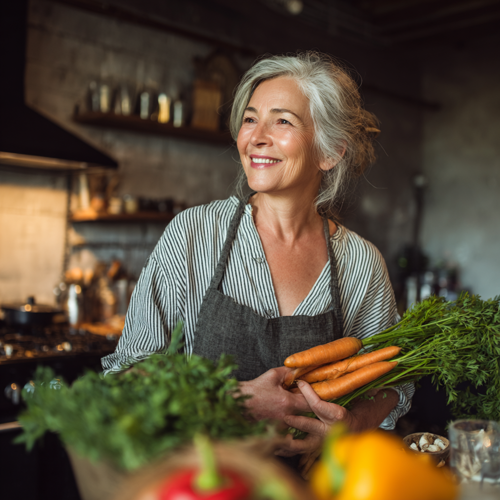 Жінка 55 років готує здорову їжу на кухні, усміхається та тримає свіжі овочі